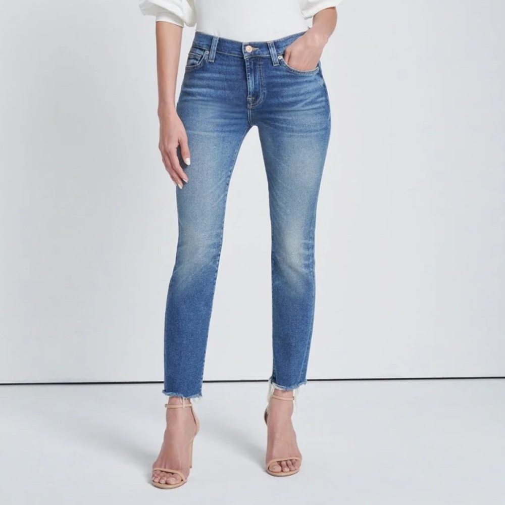 7 For All Mankind Roxanne Ankle Luxe Vintage Jean Raw Hem Petunia Blue Size 30
